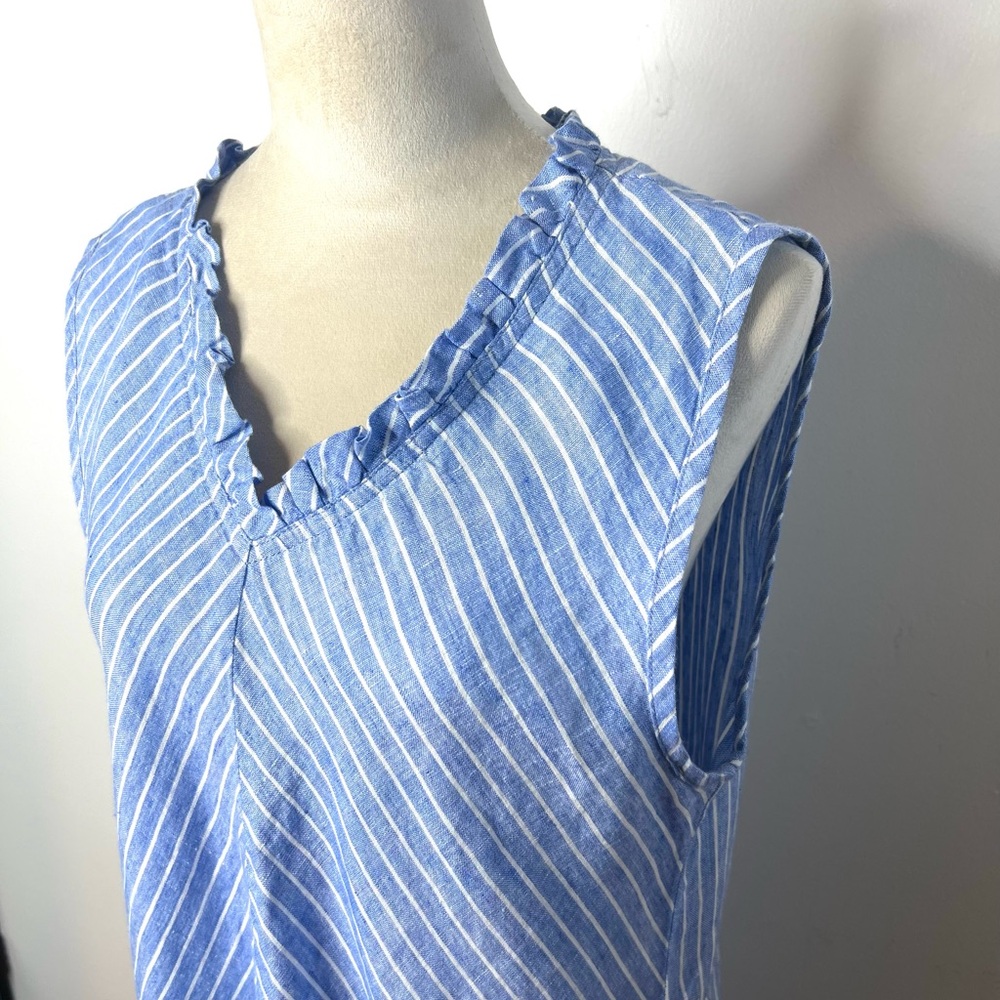 Flax Blue and White Striped Ruffle Neck Line Linen Dress SZ S EUC - Picture 3 of 7
